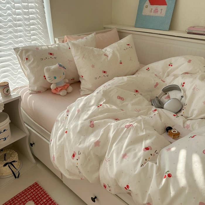 91家纺网 家纺一手货源 找家纺 2026纯棉小清新ins风四件套可爱卡通被套纯色床单1.8床笠加大被套学生宿舍三件套 糖果猫咪-桃粉