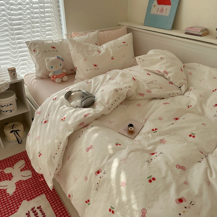 91家纺网 家纺一手货源 找家纺 2026纯棉小清新ins风四件套可爱卡通被套纯色床单1.8床笠加大被套学生宿舍三件套 糖果猫咪-桃粉