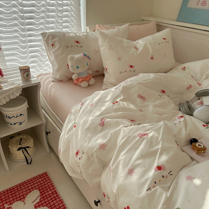 91家纺网 家纺一手货源 找家纺 2026纯棉小清新ins风四件套可爱卡通被套纯色床单1.8床笠加大被套学生宿舍三件套 糖果猫咪-桃粉