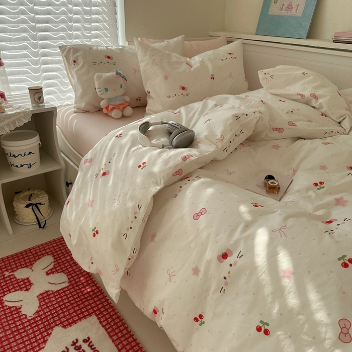 91家纺网 家纺一手货源 找家纺 2026纯棉小清新ins风四件套可爱卡通被套纯色床单1.8床笠加大被套学生宿舍三件套 糖果猫咪-桃粉