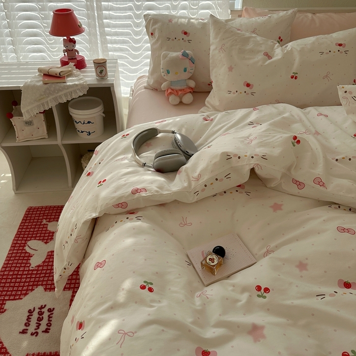 91家纺网 家纺一手货源 找家纺 2026纯棉小清新ins风四件套可爱卡通被套纯色床单1.8床笠加大被套学生宿舍三件套 糖果猫咪-桃粉