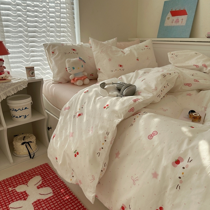 2026纯棉小清新ins风四件套可爱卡通被套纯色床单1.8床笠加大被套学生宿舍三件套 糖果猫咪-桃粉