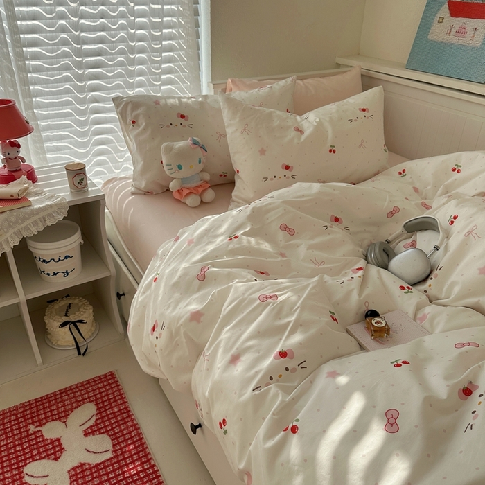 91家纺网 家纺一手货源 找家纺 2026纯棉小清新ins风四件套可爱卡通被套纯色床单1.8床笠加大被套学生宿舍三件套 糖果猫咪-桃粉