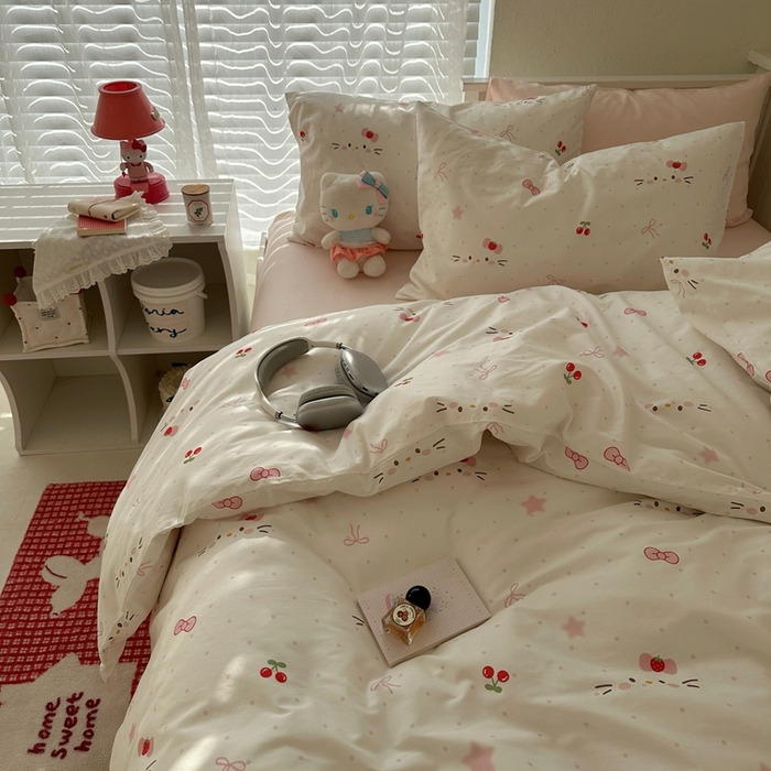 91家纺网 家纺一手货源 找家纺 2026纯棉小清新ins风四件套可爱卡通被套纯色床单1.8床笠加大被套学生宿舍三件套 糖果猫咪-桃粉