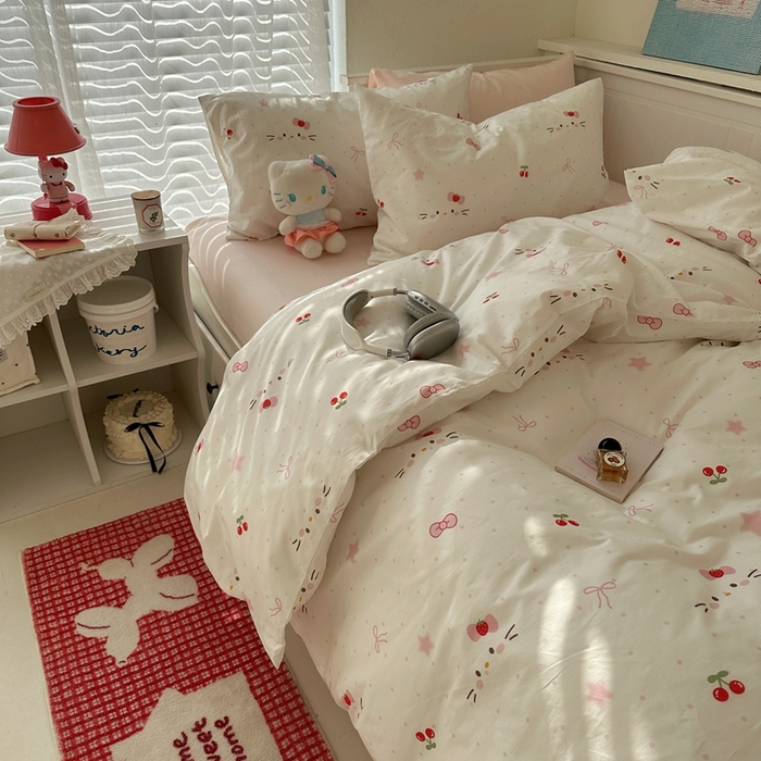 91家纺网 家纺一手货源 找家纺 2026纯棉小清新ins风四件套可爱卡通被套纯色床单1.8床笠加大被套学生宿舍三件套 糖果猫咪-桃粉