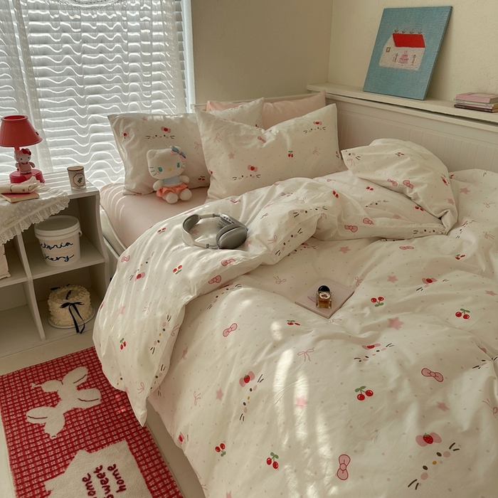 91家纺网 家纺一手货源 找家纺 2026纯棉小清新ins风四件套可爱卡通被套纯色床单1.8床笠加大被套学生宿舍三件套 糖果猫咪-桃粉