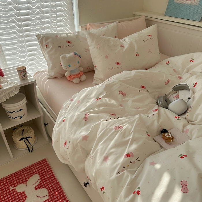 91家纺网 家纺一手货源 找家纺 2026纯棉小清新ins风四件套可爱卡通被套纯色床单1.8床笠加大被套学生宿舍三件套 糖果猫咪-桃粉