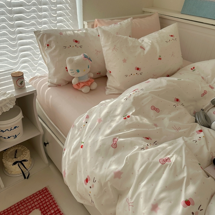 91家纺网 家纺一手货源 找家纺 2026纯棉小清新ins风四件套可爱卡通被套纯色床单1.8床笠加大被套学生宿舍三件套 糖果猫咪-桃粉