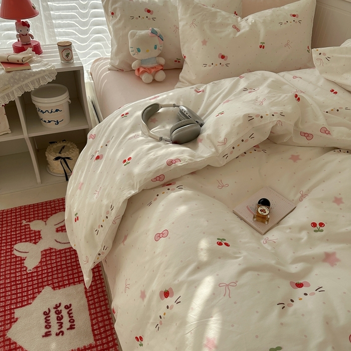 91家纺网 家纺一手货源 找家纺 2026纯棉小清新ins风四件套可爱卡通被套纯色床单1.8床笠加大被套学生宿舍三件套 糖果猫咪-桃粉