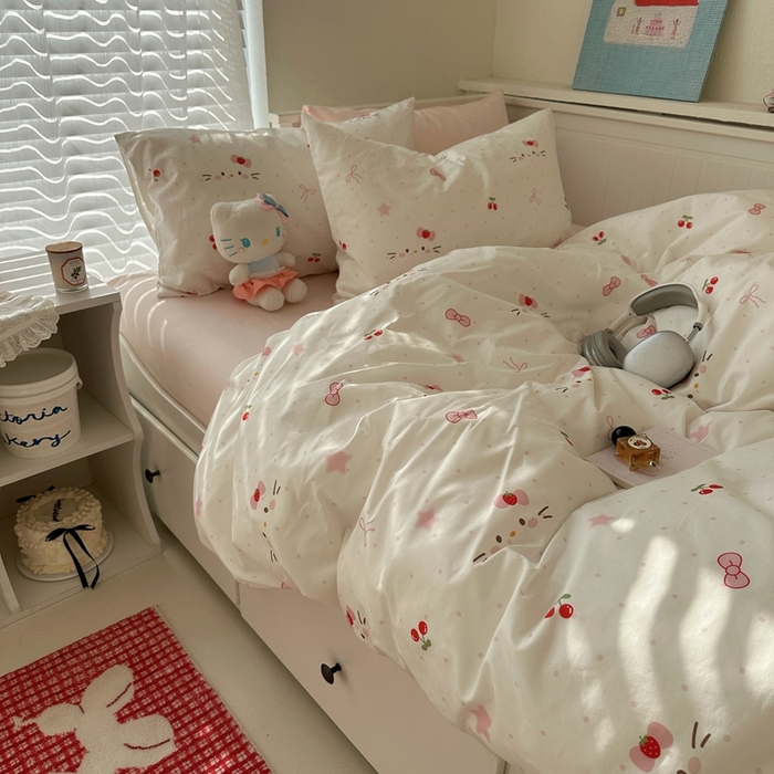 91家纺网 家纺一手货源 找家纺 2026纯棉小清新ins风四件套可爱卡通被套纯色床单1.8床笠加大被套学生宿舍三件套 糖果猫咪-桃粉