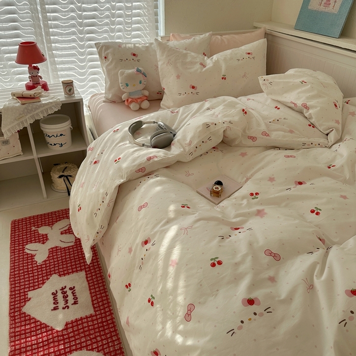 91家纺网 家纺一手货源 找家纺 2026纯棉小清新ins风四件套可爱卡通被套纯色床单1.8床笠加大被套学生宿舍三件套 糖果猫咪-桃粉