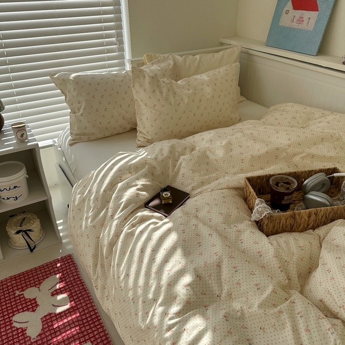 2026纯棉小清新ins风四件套可爱卡通被套纯色床单1.8床笠加大被套学生宿舍三件套 樱桃小丸子-奶白