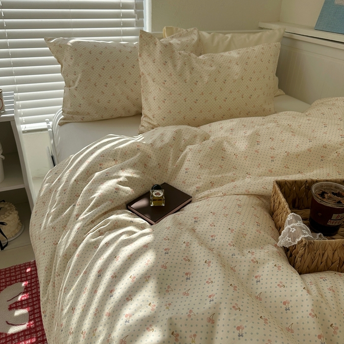 91家纺网 家纺一手货源 找家纺 2026纯棉小清新ins风四件套可爱卡通被套纯色床单1.8床笠加大被套学生宿舍三件套 樱桃小丸子-奶白