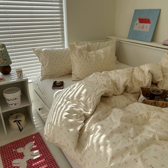 91家纺网 家纺一手货源 找家纺 2026纯棉小清新ins风四件套可爱卡通被套纯色床单1.8床笠加大被套学生宿舍三件套 樱桃小丸子-奶白