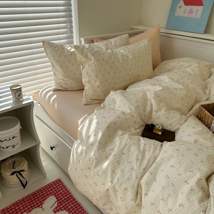 91家纺网 家纺一手货源 找家纺 2026纯棉小清新ins风四件套可爱卡通被套纯色床单1.8床笠加大被套学生宿舍三件套 樱桃小丸子-浅玉