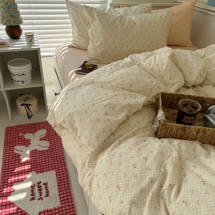 91家纺网 家纺一手货源 找家纺 2026纯棉小清新ins风四件套可爱卡通被套纯色床单1.8床笠加大被套学生宿舍三件套 樱桃小丸子-浅玉