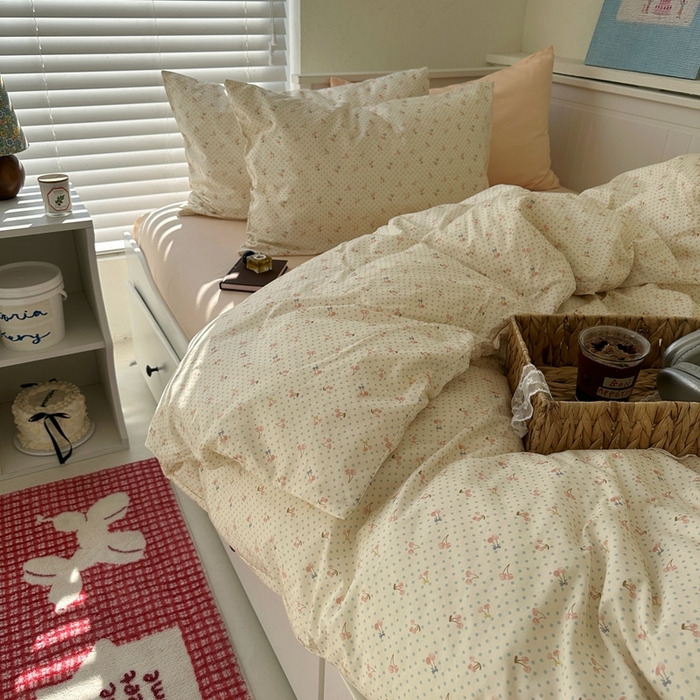 91家纺网 家纺一手货源 找家纺 2026纯棉小清新ins风四件套可爱卡通被套纯色床单1.8床笠加大被套学生宿舍三件套 樱桃小丸子-浅玉