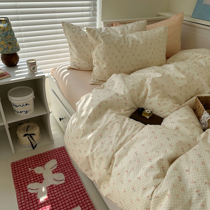 91家纺网 家纺一手货源 找家纺 2026纯棉小清新ins风四件套可爱卡通被套纯色床单1.8床笠加大被套学生宿舍三件套 樱桃小丸子-浅玉