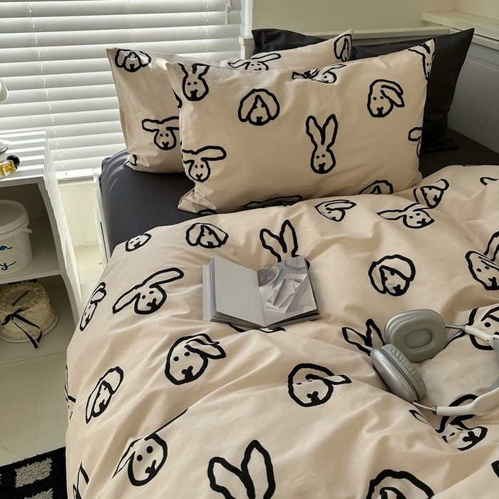 91家纺网 家纺一手货源 找家纺 2026纯棉小清新ins风四件套可爱卡通被套纯色床单1.8床笠加大被套学生宿舍三件套 TuTu-深灰