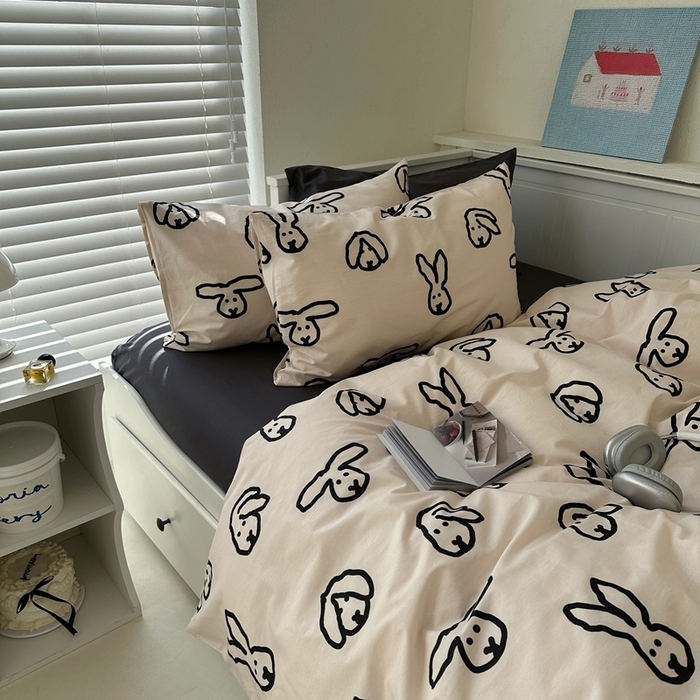 91家纺网 家纺一手货源 找家纺 2026纯棉小清新ins风四件套可爱卡通被套纯色床单1.8床笠加大被套学生宿舍三件套 TuTu-深灰