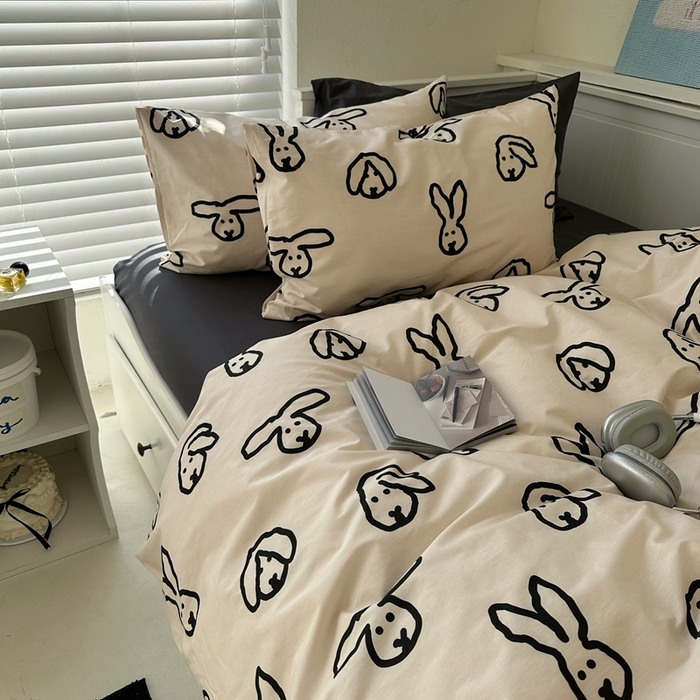 91家纺网 家纺一手货源 找家纺 2026纯棉小清新ins风四件套可爱卡通被套纯色床单1.8床笠加大被套学生宿舍三件套 TuTu-深灰