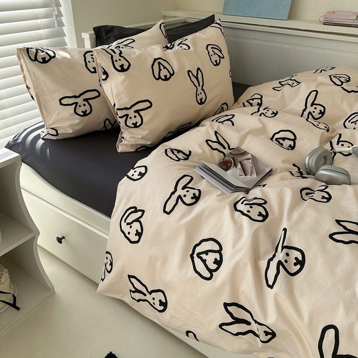 91家纺网 家纺一手货源 找家纺 2026纯棉小清新ins风四件套可爱卡通被套纯色床单1.8床笠加大被套学生宿舍三件套 TuTu-深灰