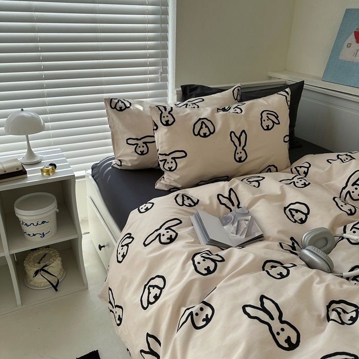 91家纺网 家纺一手货源 找家纺 2026纯棉小清新ins风四件套可爱卡通被套纯色床单1.8床笠加大被套学生宿舍三件套 TuTu-深灰
