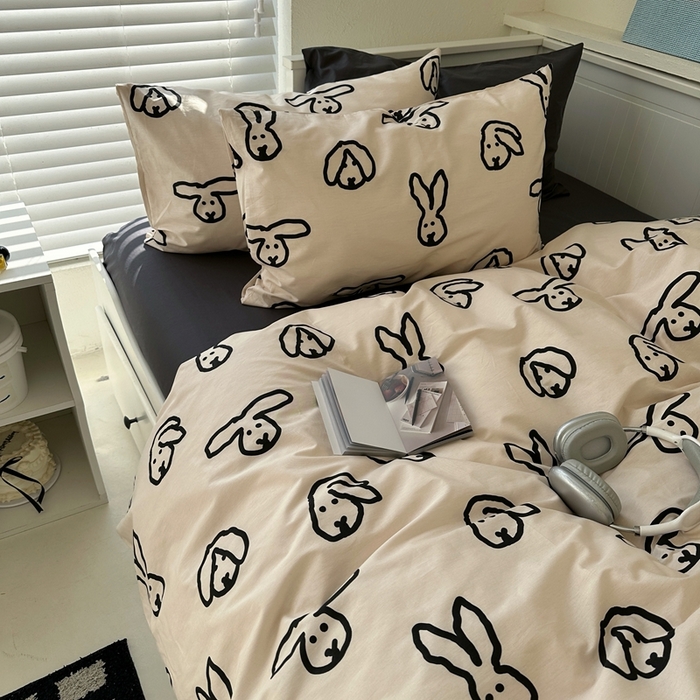 91家纺网 家纺一手货源 找家纺 2026纯棉小清新ins风四件套可爱卡通被套纯色床单1.8床笠加大被套学生宿舍三件套 TuTu-深灰