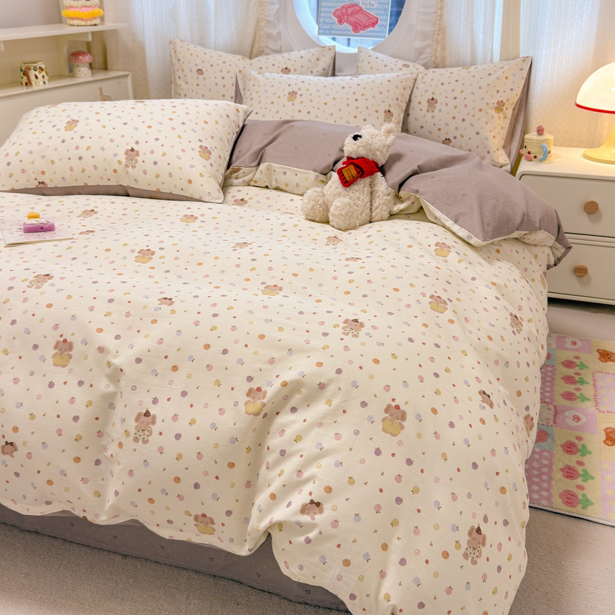 91家纺网 家纺一手货源 找家纺 呗旺鹿 2026新款全棉纯棉40支13070卡通印花四件套 果子象