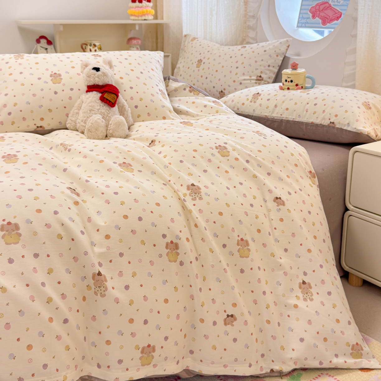 91家纺网 家纺一手货源 找家纺 呗旺鹿 2026新款全棉纯棉40支13070卡通印花四件套 果子象