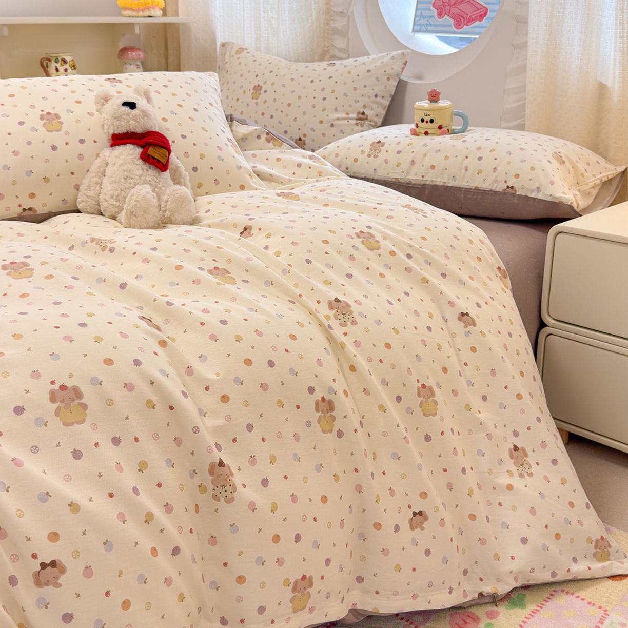 91家纺网 家纺一手货源 找家纺 呗旺鹿 2026新款全棉纯棉40支13070卡通印花四件套 果子象