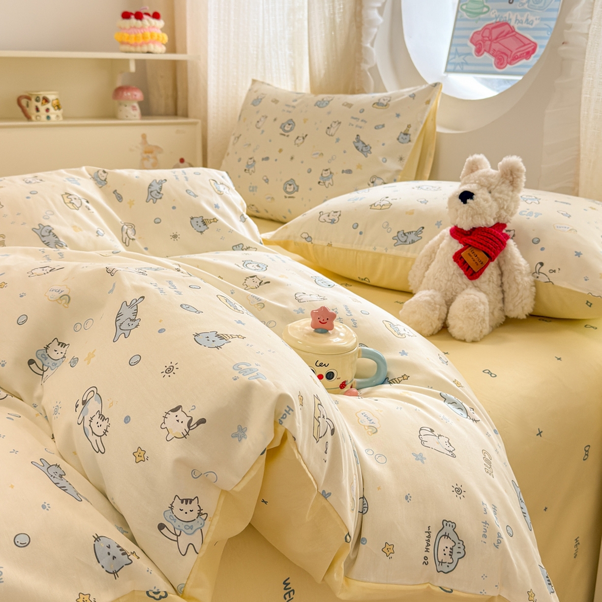 91家纺网 家纺一手货源 找家纺 呗旺鹿 2026新款全棉纯棉40支13070卡通印花四件套 机灵猫