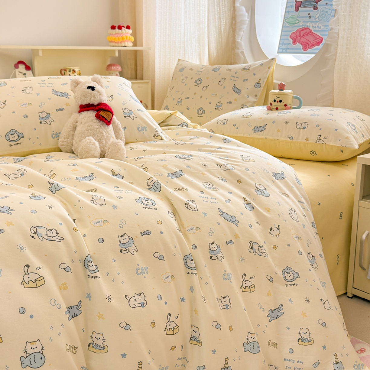 91家纺网 家纺一手货源 找家纺 呗旺鹿 2026新款全棉纯棉40支13070卡通印花四件套 机灵猫