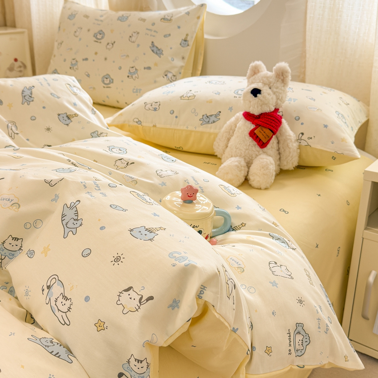 91家纺网 家纺一手货源 找家纺 呗旺鹿 2026新款全棉纯棉40支13070卡通印花四件套 机灵猫