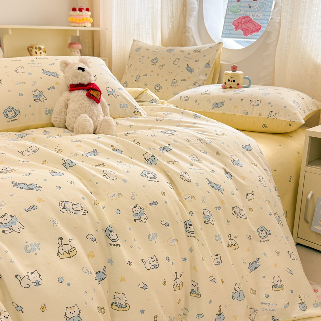 91家纺网 家纺一手货源 找家纺 呗旺鹿 2026新款全棉纯棉40支13070卡通印花四件套 机灵猫