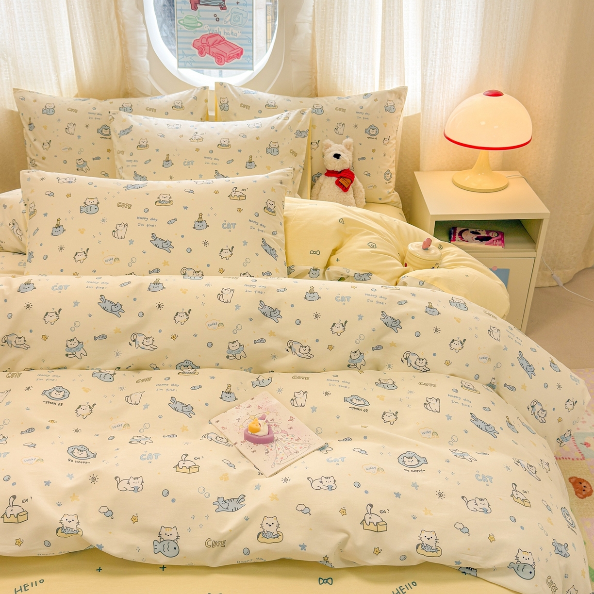 91家纺网 家纺一手货源 找家纺 呗旺鹿 2026新款全棉纯棉40支13070卡通印花四件套 机灵猫