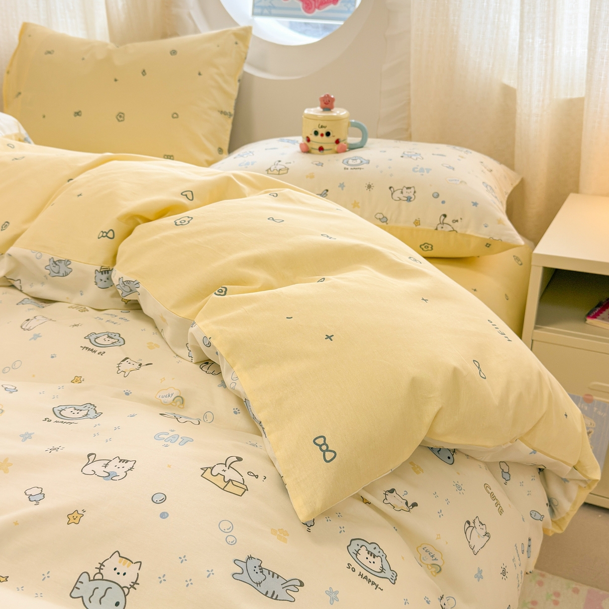 91家纺网 家纺一手货源 找家纺 呗旺鹿 2026新款全棉纯棉40支13070卡通印花四件套 机灵猫