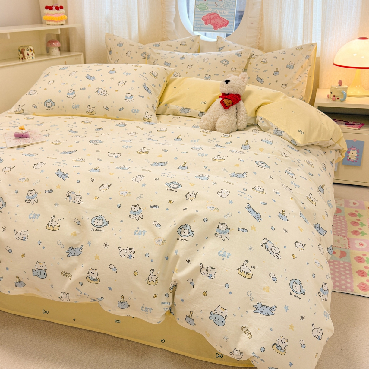 91家纺网 家纺一手货源 找家纺 呗旺鹿 2026新款全棉纯棉40支13070卡通印花四件套 机灵猫