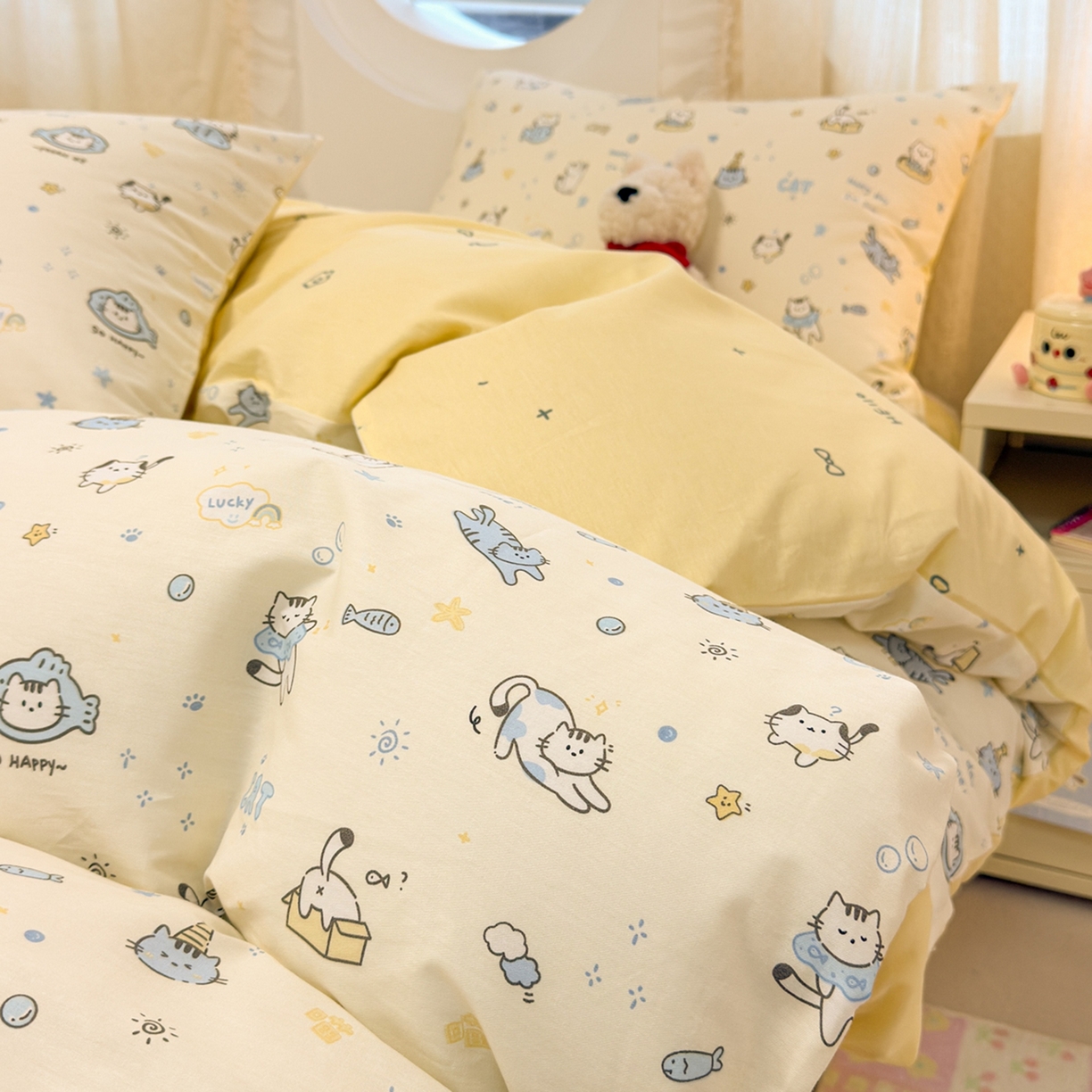 91家纺网 家纺一手货源 找家纺 呗旺鹿 2026新款全棉纯棉40支13070卡通印花四件套 机灵猫