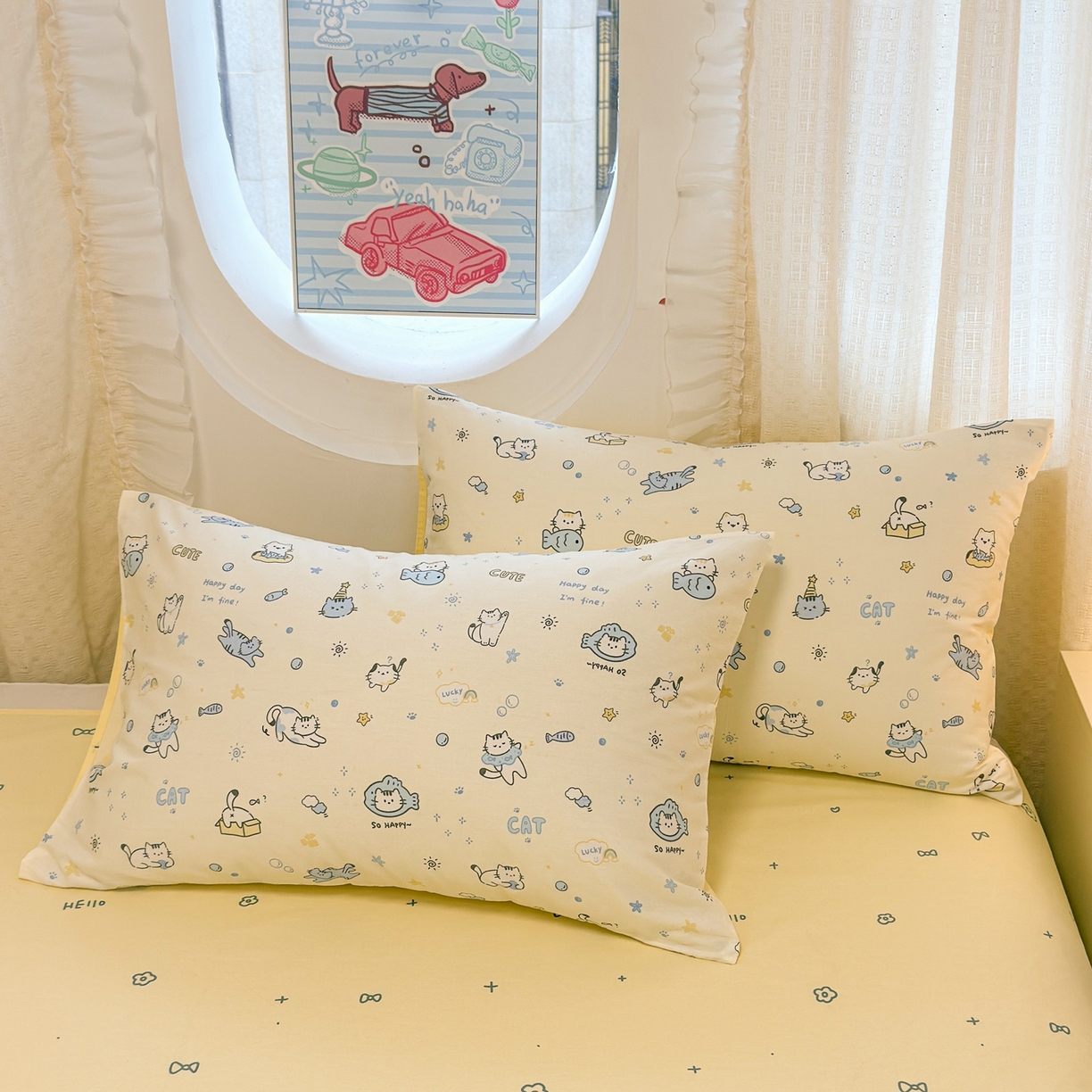 91家纺网 家纺一手货源 找家纺 呗旺鹿 2026新款全棉纯棉40支13070卡通印花四件套 机灵猫