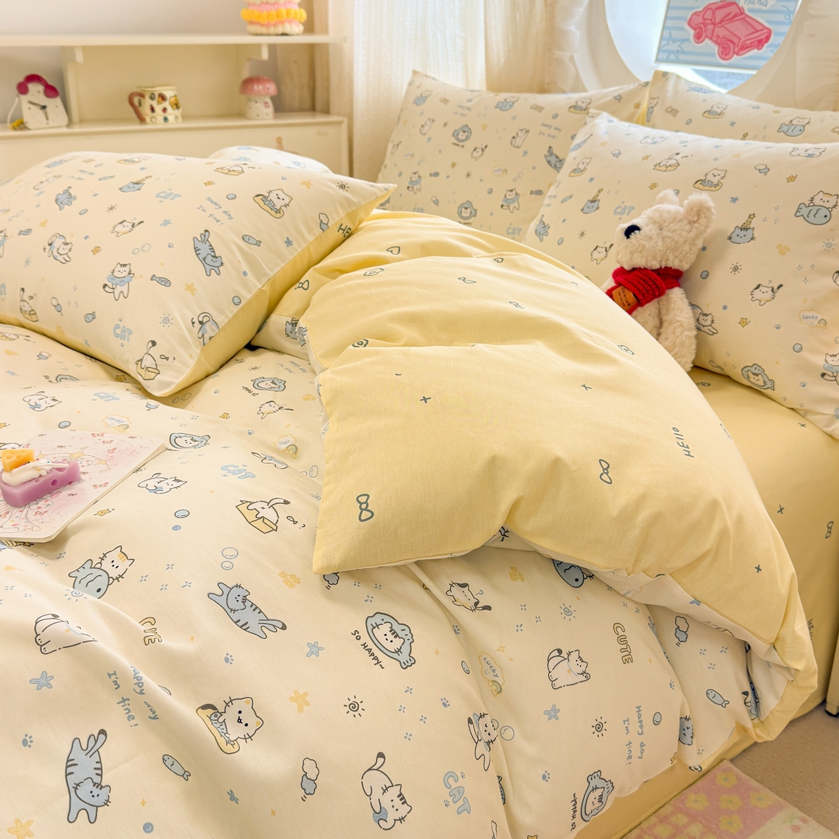 91家纺网 家纺一手货源 找家纺 呗旺鹿 2026新款全棉纯棉40支13070卡通印花四件套 机灵猫