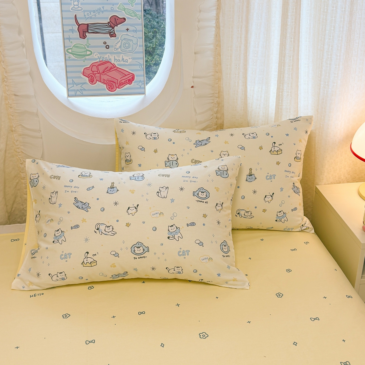 91家纺网 家纺一手货源 找家纺 呗旺鹿 2026新款全棉纯棉40支13070卡通印花四件套 机灵猫