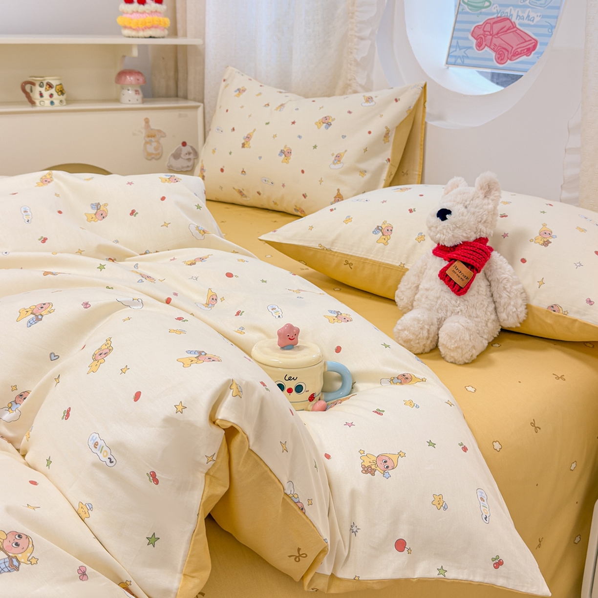 91家纺网 家纺一手货源 找家纺 呗旺鹿 2026新款全棉纯棉40支13070卡通印花四件套 可爱星人