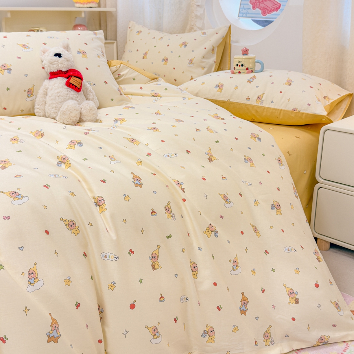 91家纺网 家纺一手货源 找家纺 呗旺鹿 2026新款全棉纯棉40支13070卡通印花四件套 可爱星人