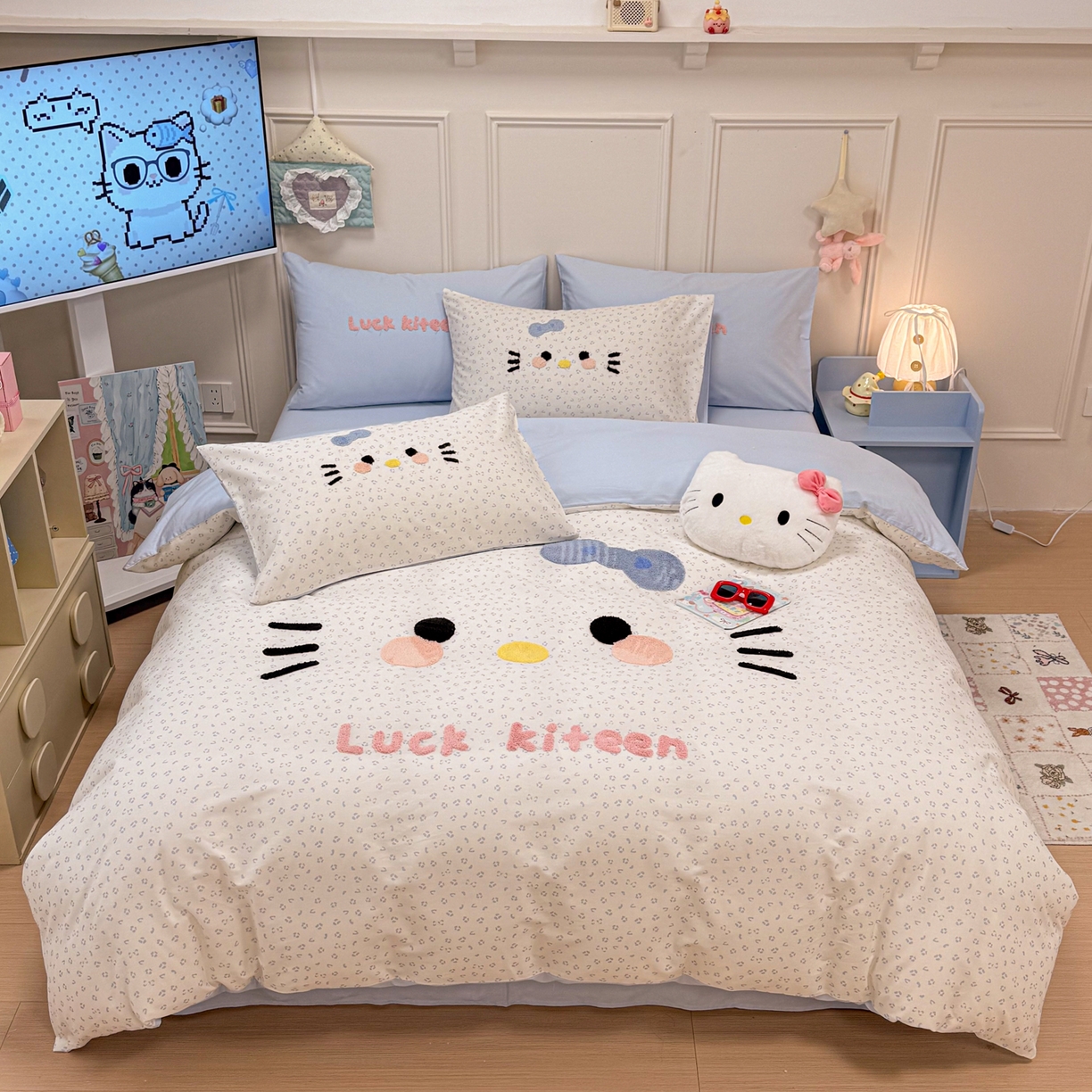 91家纺网 家纺一手货源 找家纺 懒猫家纺 2026新款高精密40支13374全棉纯棉喷气印花毛巾绣四件套 海盐白巧