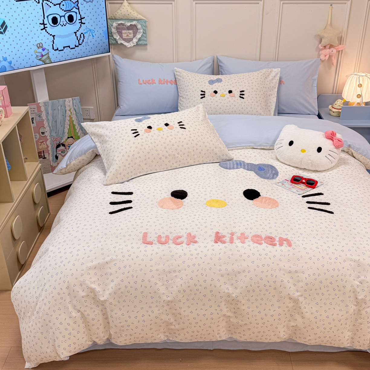 91家纺网 家纺一手货源 找家纺 懒猫家纺 2026新款高精密40支13374全棉纯棉喷气印花毛巾绣四件套 海盐白巧