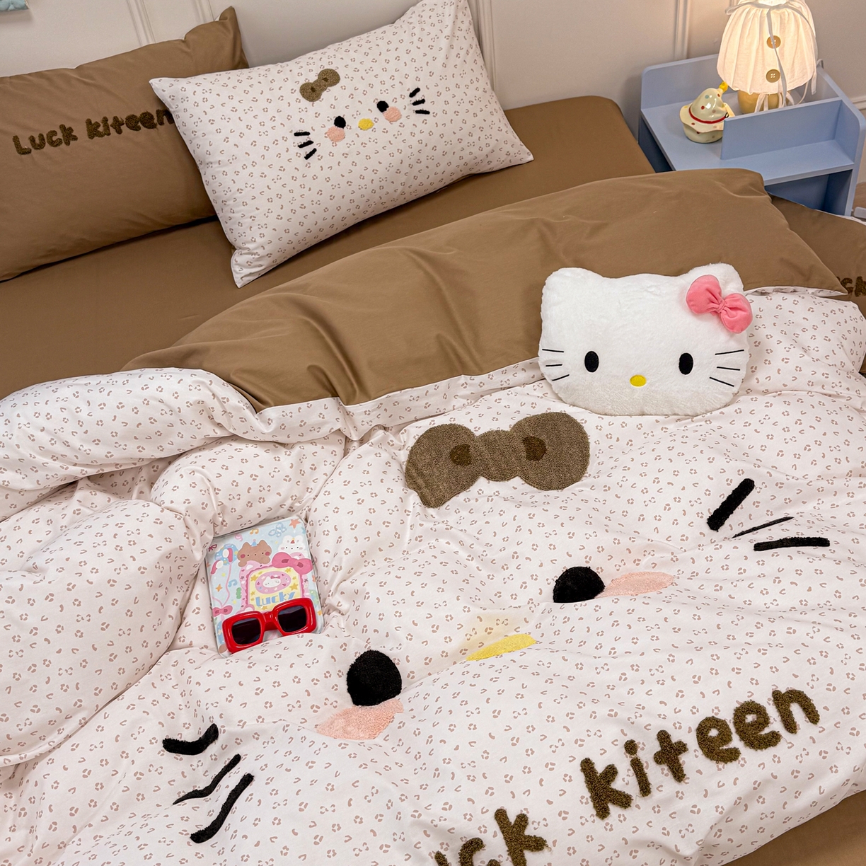 懒猫家纺 2026新款高精密40支13374全棉纯棉喷气印花毛巾绣四件套 焦糖可可