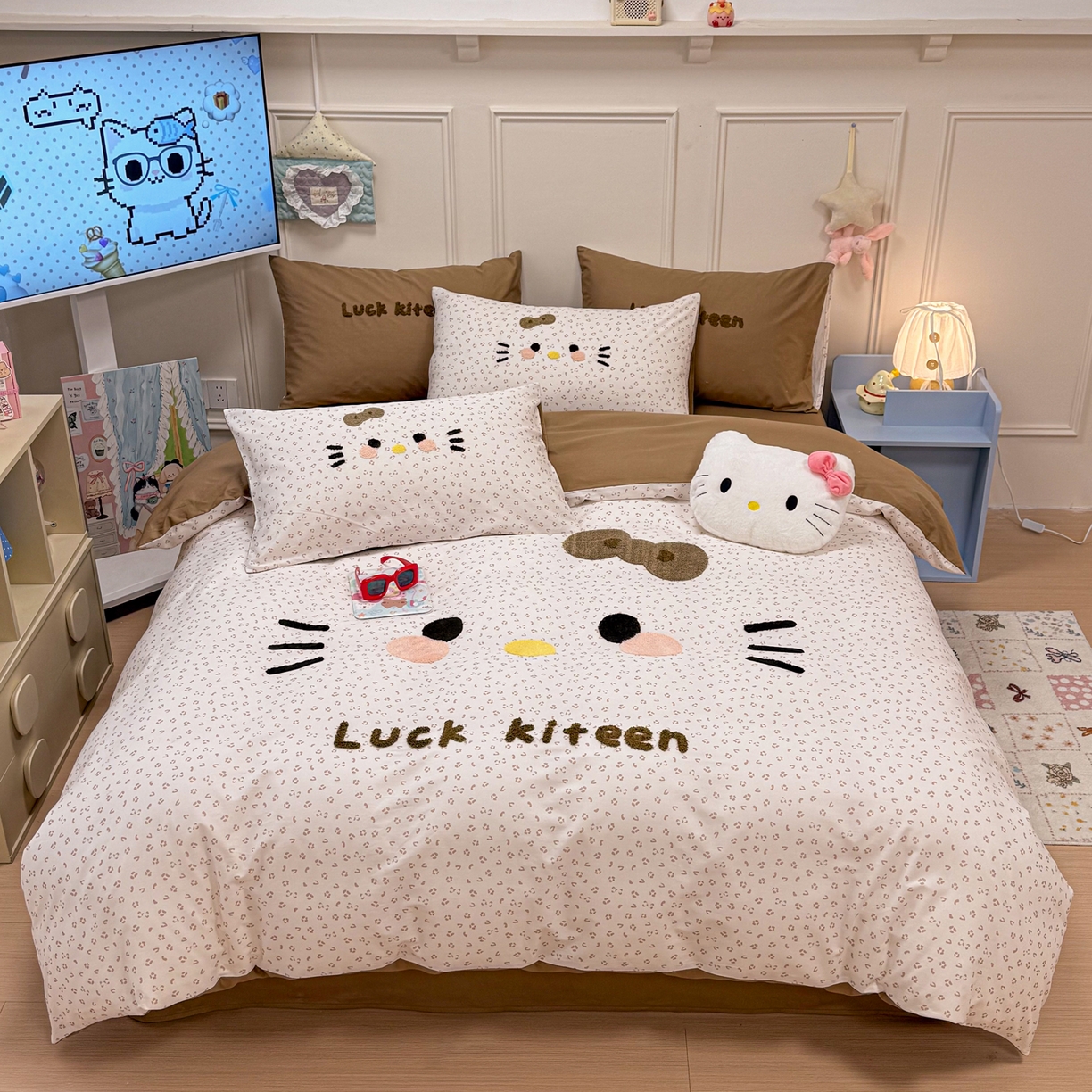 91家纺网 家纺一手货源 找家纺 懒猫家纺 2026新款高精密40支13374全棉纯棉喷气印花毛巾绣四件套 焦糖可可