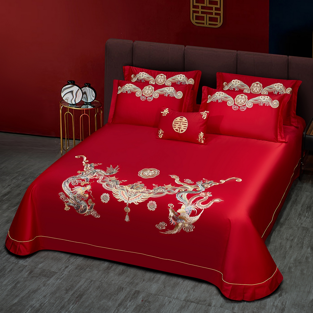 91家纺网 家纺一手货源 找家纺 浩情国际婚庆供货中心 2026新款长绒棉100%纯棉全棉结婚刺绣婚庆床单单件绣花纯色三件套单品婚庆枕套长期供货 提供买家秀 祥龙禧凤-绣花款