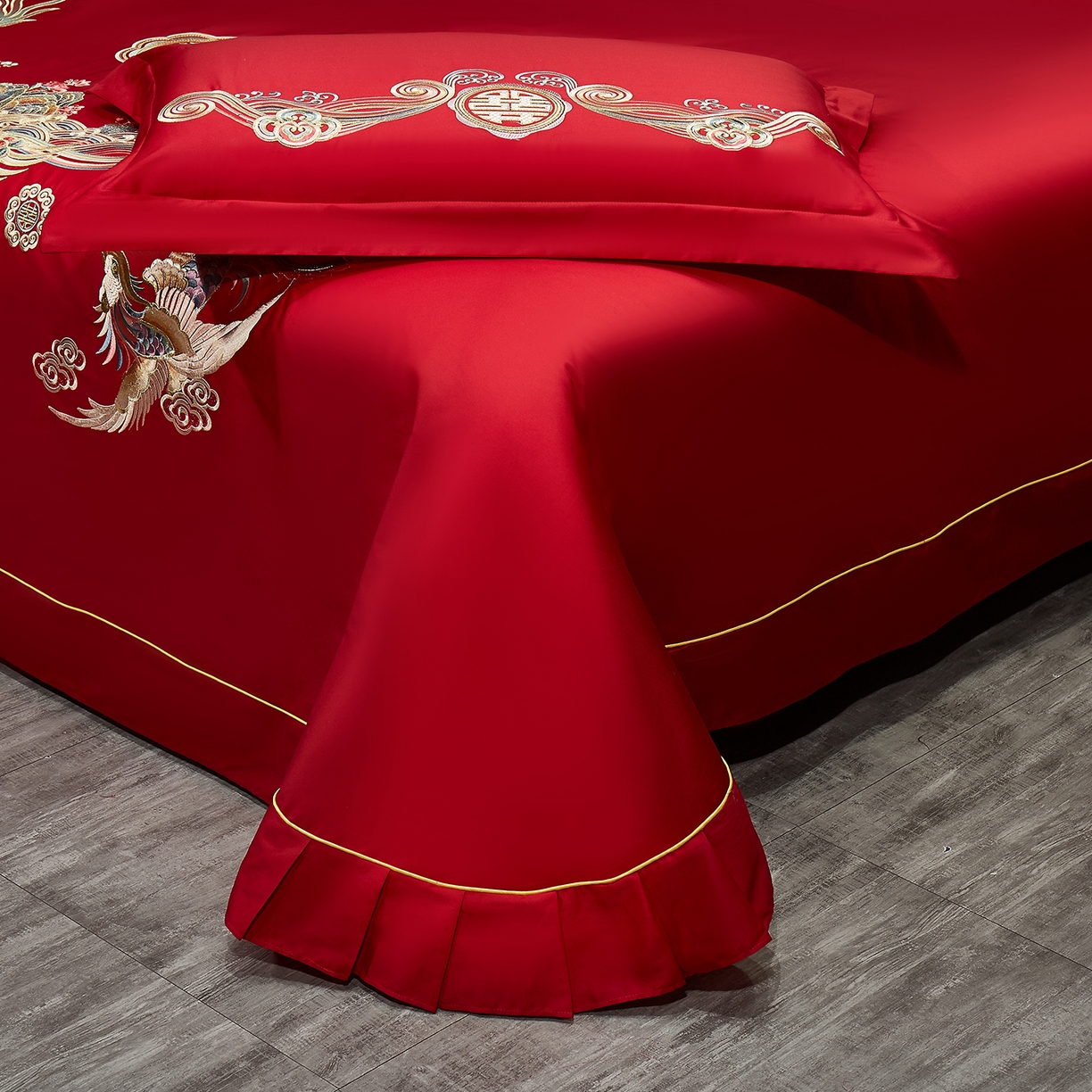 91家纺网 家纺一手货源 找家纺 浩情国际婚庆供货中心 2026新款长绒棉100%纯棉全棉结婚刺绣婚庆床单单件绣花纯色三件套单品婚庆枕套长期供货 提供买家秀 祥龙禧凤-绣花款